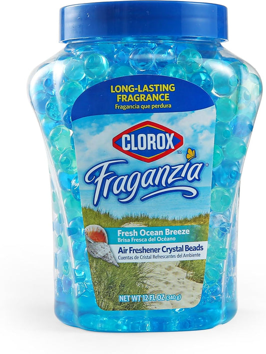Clorox Fraganzia Crystal Beads Air Freshener, Long Lasting Room Deodorizer and Odor Eliminator Gel Beads to Freshen Home, Car, or Office, Fresh Ocean Breeze Scent, 12 Fl Oz - 2 Pack