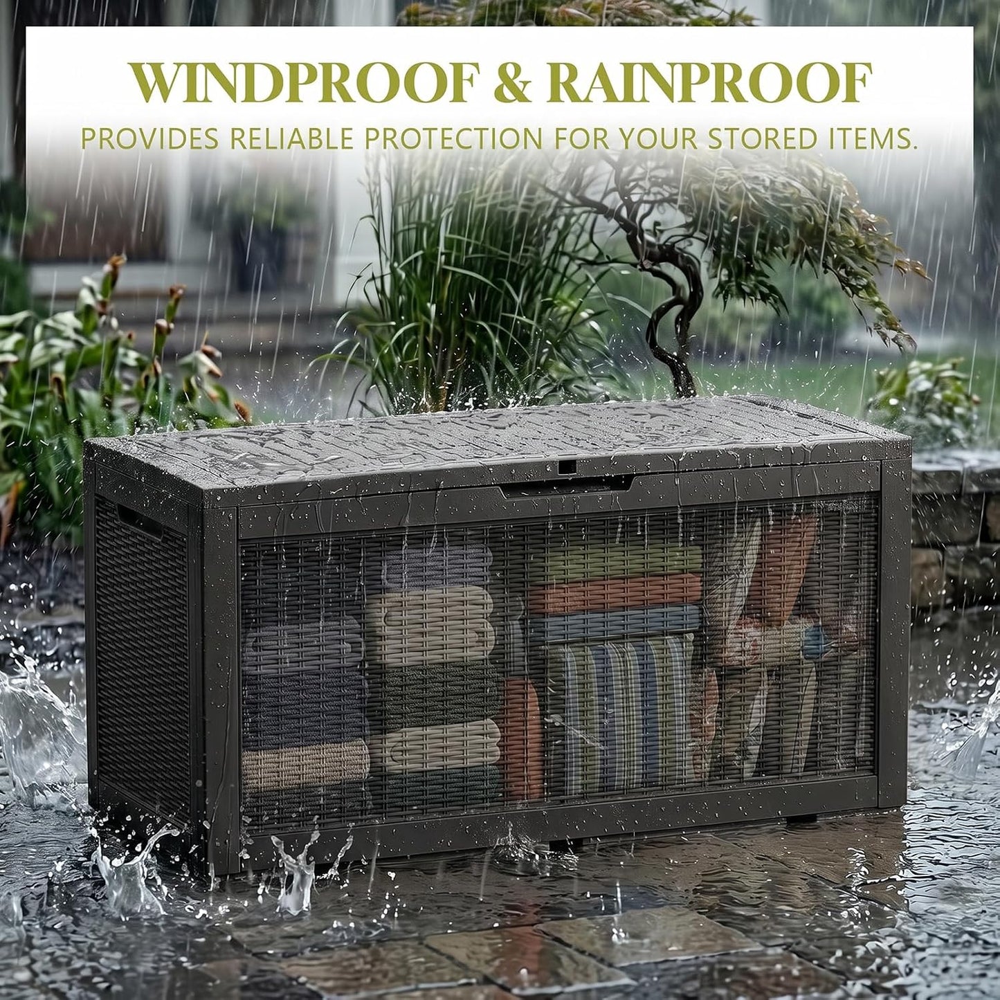 Waterproof Outdoor Storage Box Outside Deck Box Lockable Resin Bench UV Resistant Furniture Cushion Pool Tool Float Bin Patio Garden Porch (Black, 120 Gallon)