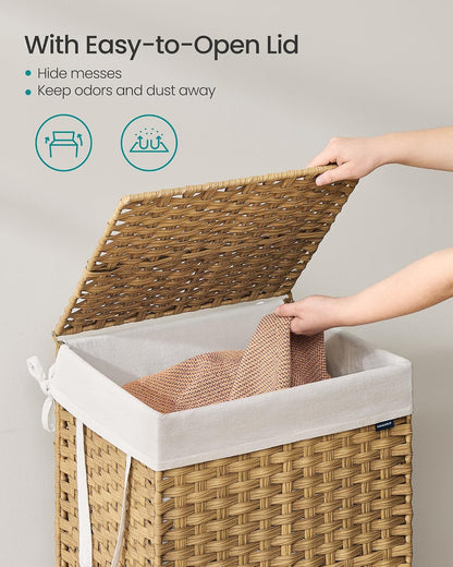 SONGMICS Laundry Hamper with Lid, 23.8 Gallon (90 L) Synthetic Rattan Clothes Laundry Basket with Lid and Handles, Foldable, Removable Liner, Chestnut Brown ULCB051K02