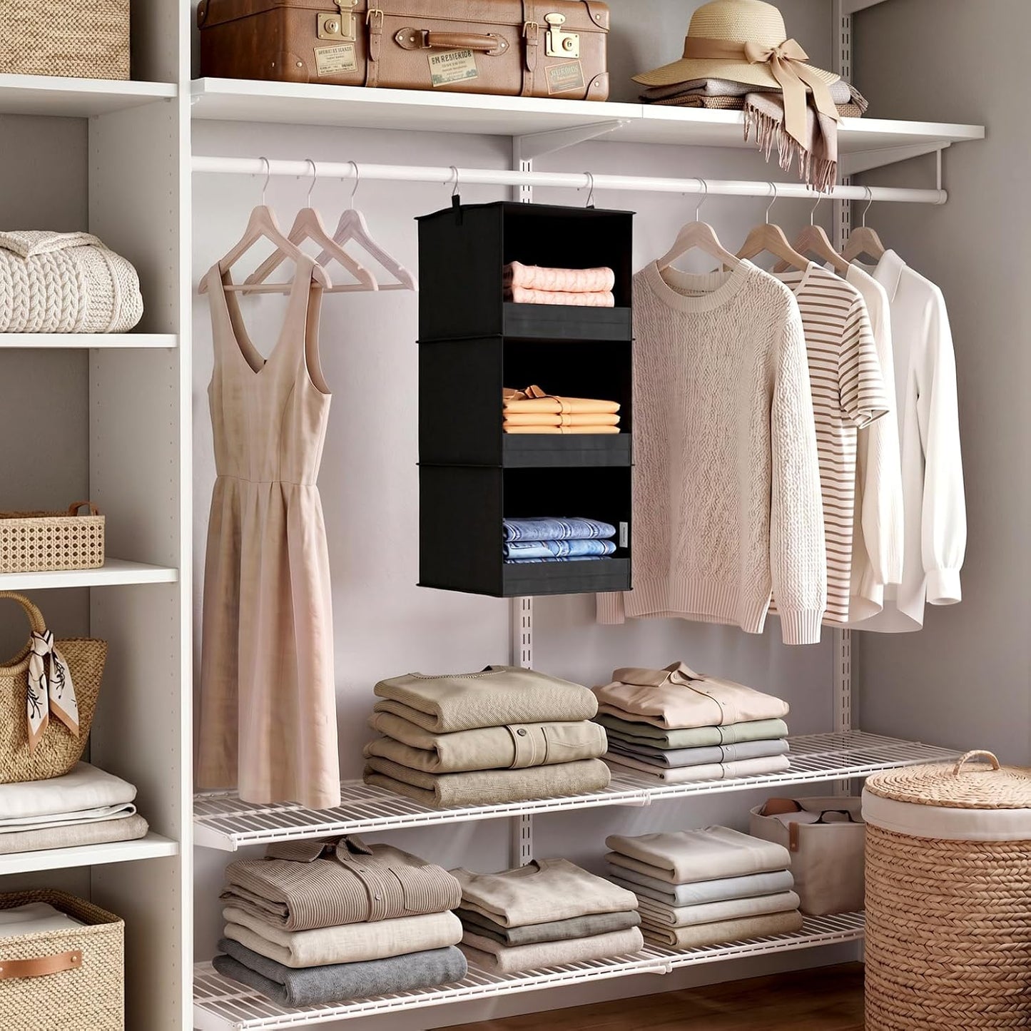 Lifewit 3 Tier Hanging Closet Storage Organizer for Shelves, Front Anti-Slip Clothes Storage Hanger with 2 Sturdy Hooks, Vertical Foldable Sweater Organization for Shlef, Wardrobe, Dorm, RV, Gray