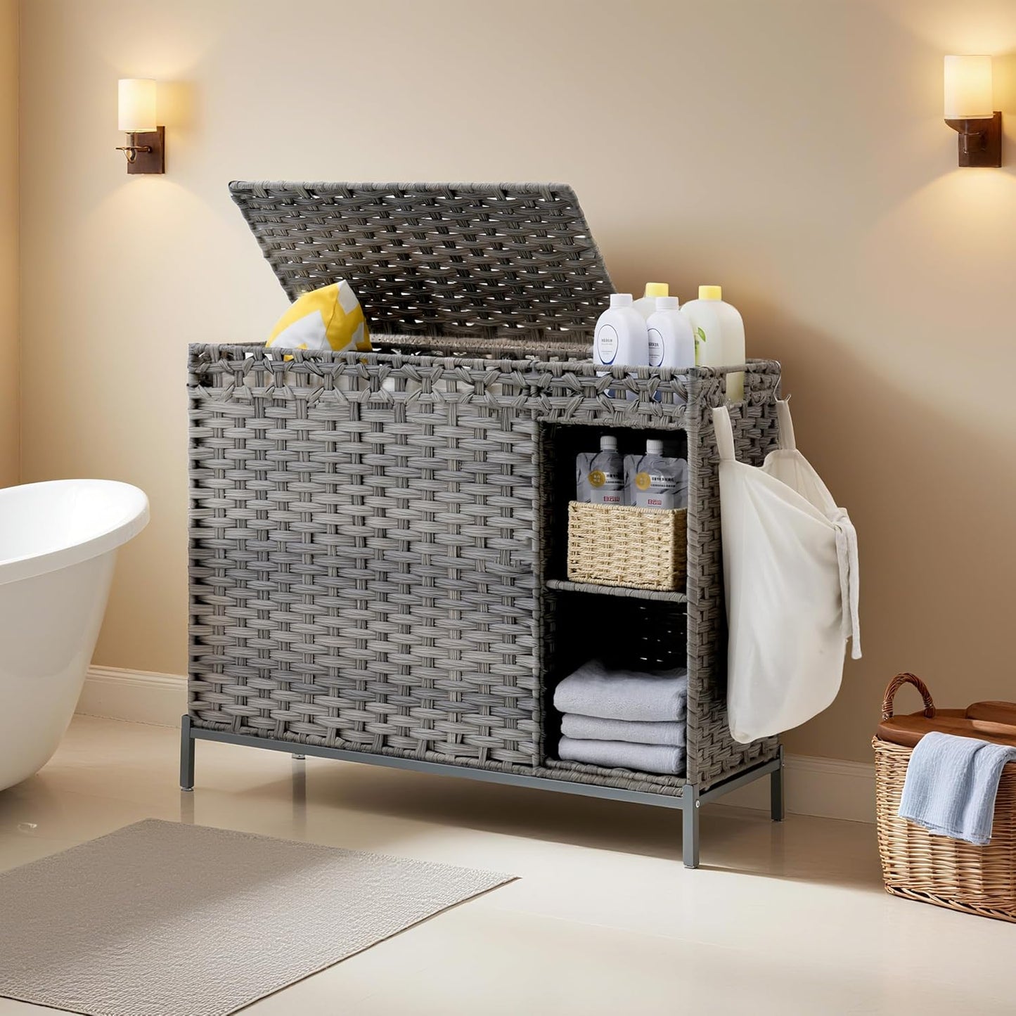 Gitelsnour Laundry Hamper with Lid, 110L (29.1 Gal) Rattan Laundry Hamper 2 Section with 50L (13.2 Gal) Storage Shelf, Wicker Woven Laundry Sorter Basket with 3 Liner Bags and Handles, Brown GLH002BR