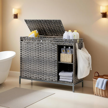 Gitelsnour Laundry Hamper with Lid, 110L (29.1 Gal) Rattan Laundry Hamper 2 Section with 50L (13.2 Gal) Storage Shelf, Wicker Woven Laundry Sorter Basket with 3 Liner Bags and Handles, Brown GLH002BR
