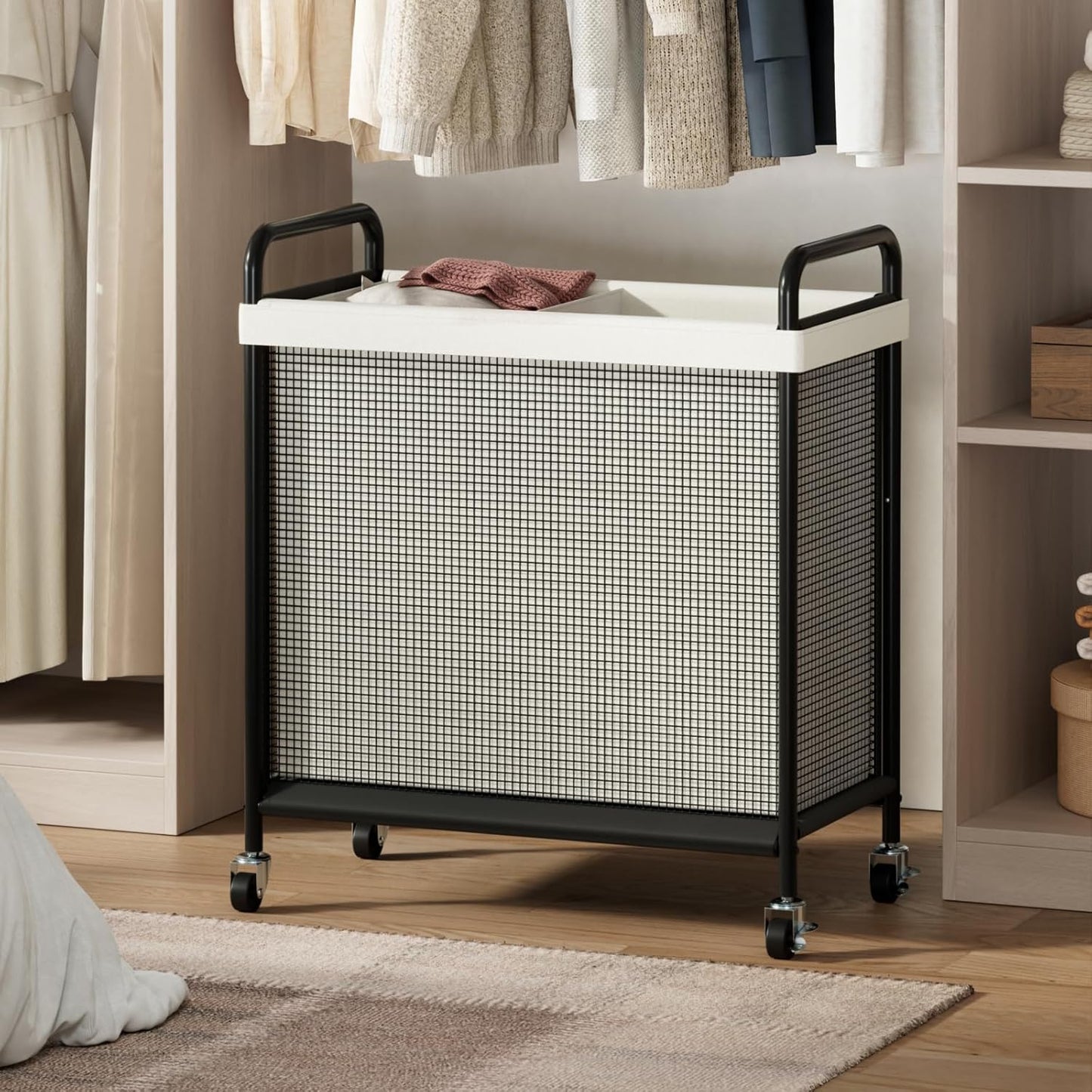 WOWLIVE Laundry Hamper 3 Section, 120L Rolling Laundry Basket with wheels and Removable Liner Bag, Laundry Sorter with Metal Handle, Large Clothes Hamper for Laundry Room, Bathroom and Dorm, Beige