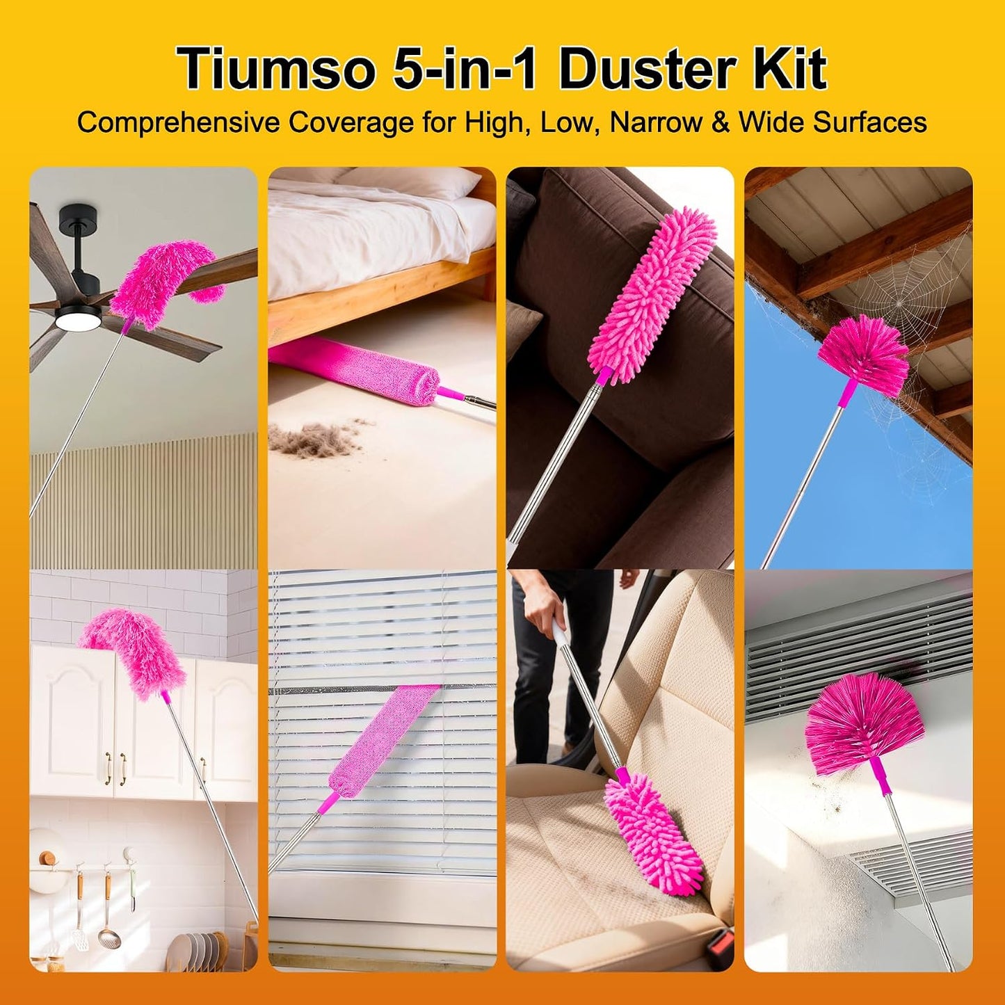 Tiumso Dusters for Cleaning,Microfiber Feather Duster 5-in-1 Kit, Duster with Extension Pole 100 Inches, Cobweb Duster, Microfiber Dusters for High Ceilings and Fans, Blinds and Cars