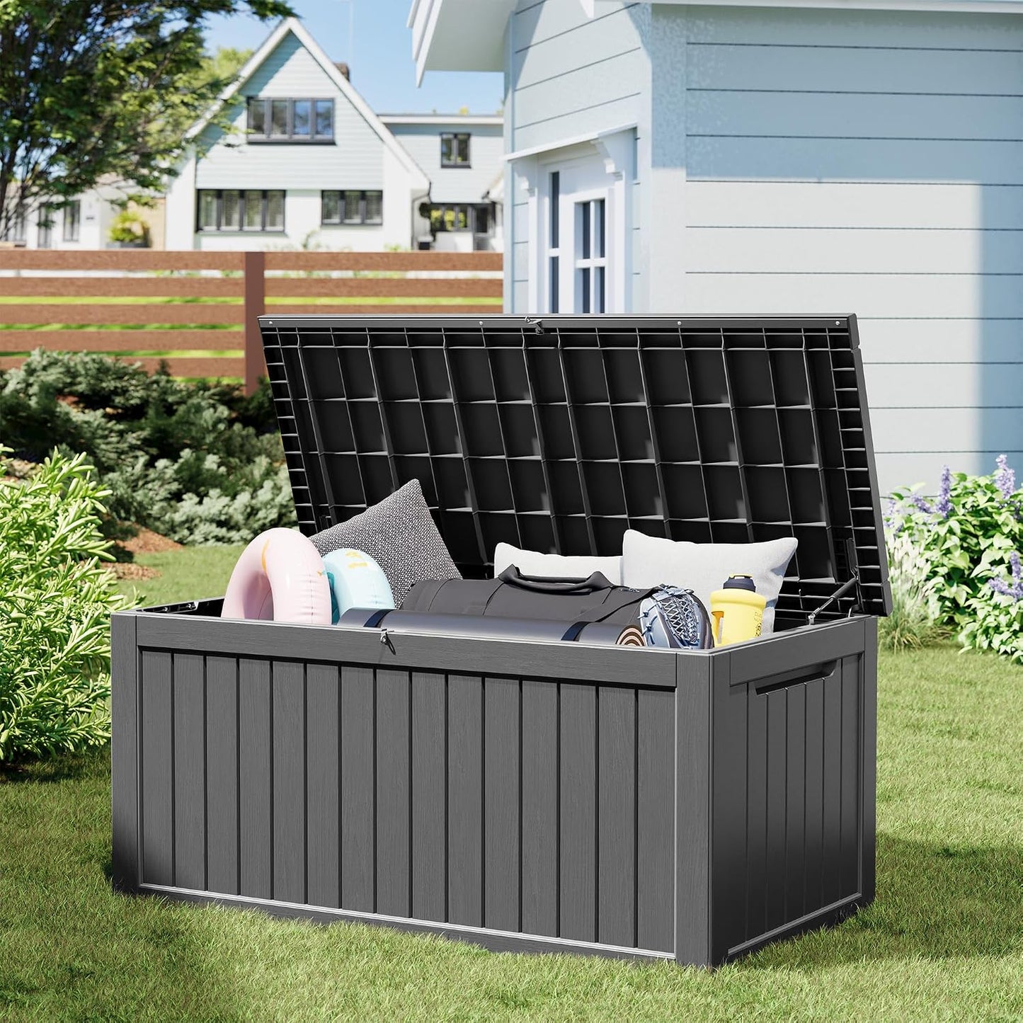 NUNU LAB Outdoor Storage Box, 45 Gallon Outside Deck Box Waterproof, Resin Outdoor Storage Cabinet With Lockable Lid, Backyard Storage Bench For Garden Tools, Patio Cushions, Pool Tools, Black