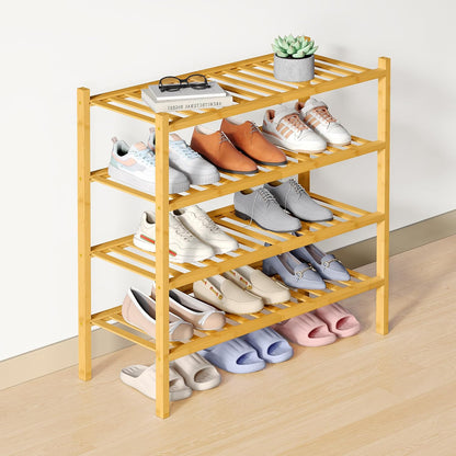 Smiry Bamboo Shoe Rack for Closet, 3 Tier Wooden Shoe Organizer, Stackable Wood Shoe Storage Shelf for Entryway, 14 Vertical Slats, One-piece Heavy-Duty Legs, 26.77"x11.02"x18.31", Natural