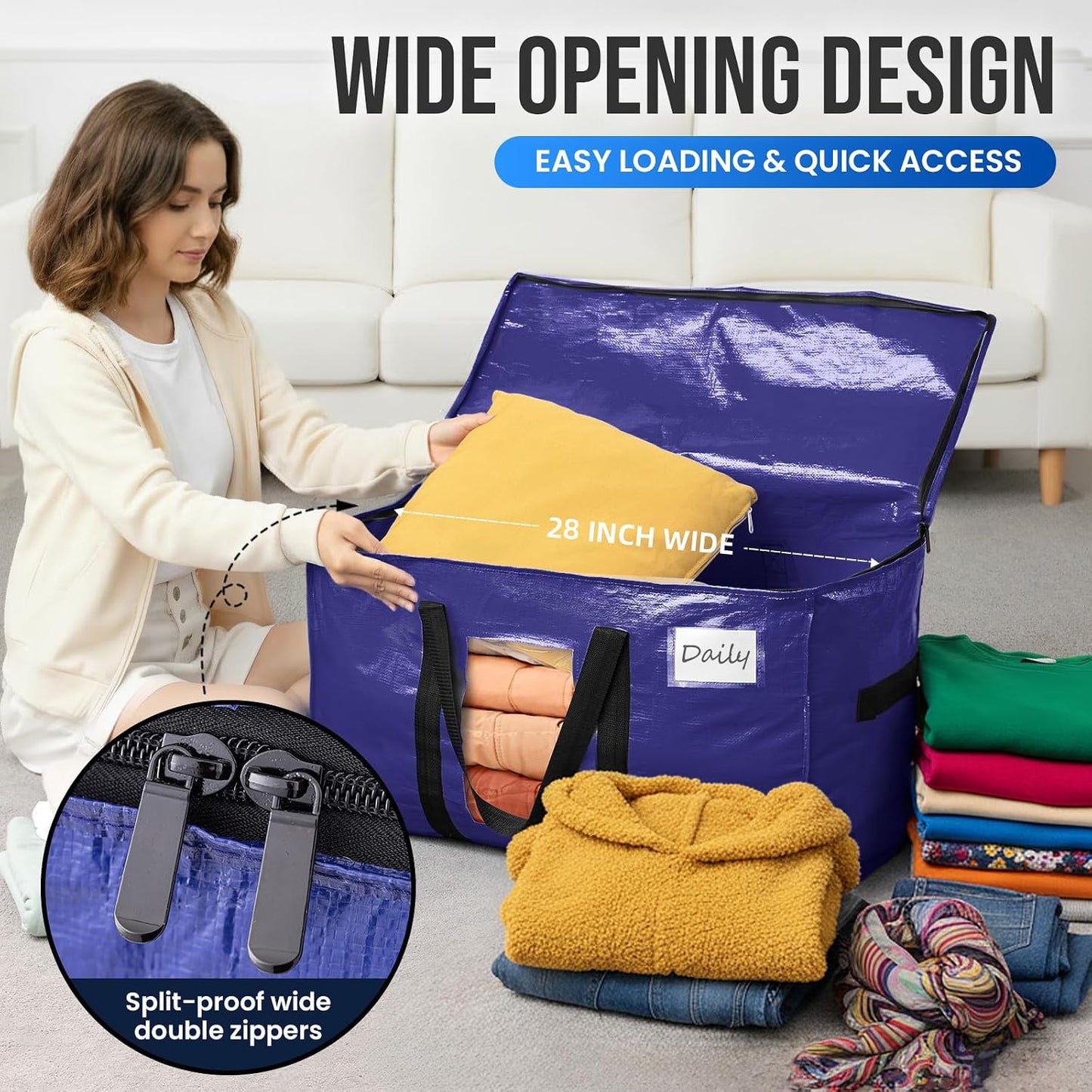 TAILI Extra Large Moving Bags, 4 Pack Blue Heavy Duty Totes For Storage with Visible Window, Wrap Around Handles, Storage Bags for Space Saving, Alternative to Moving Boxes