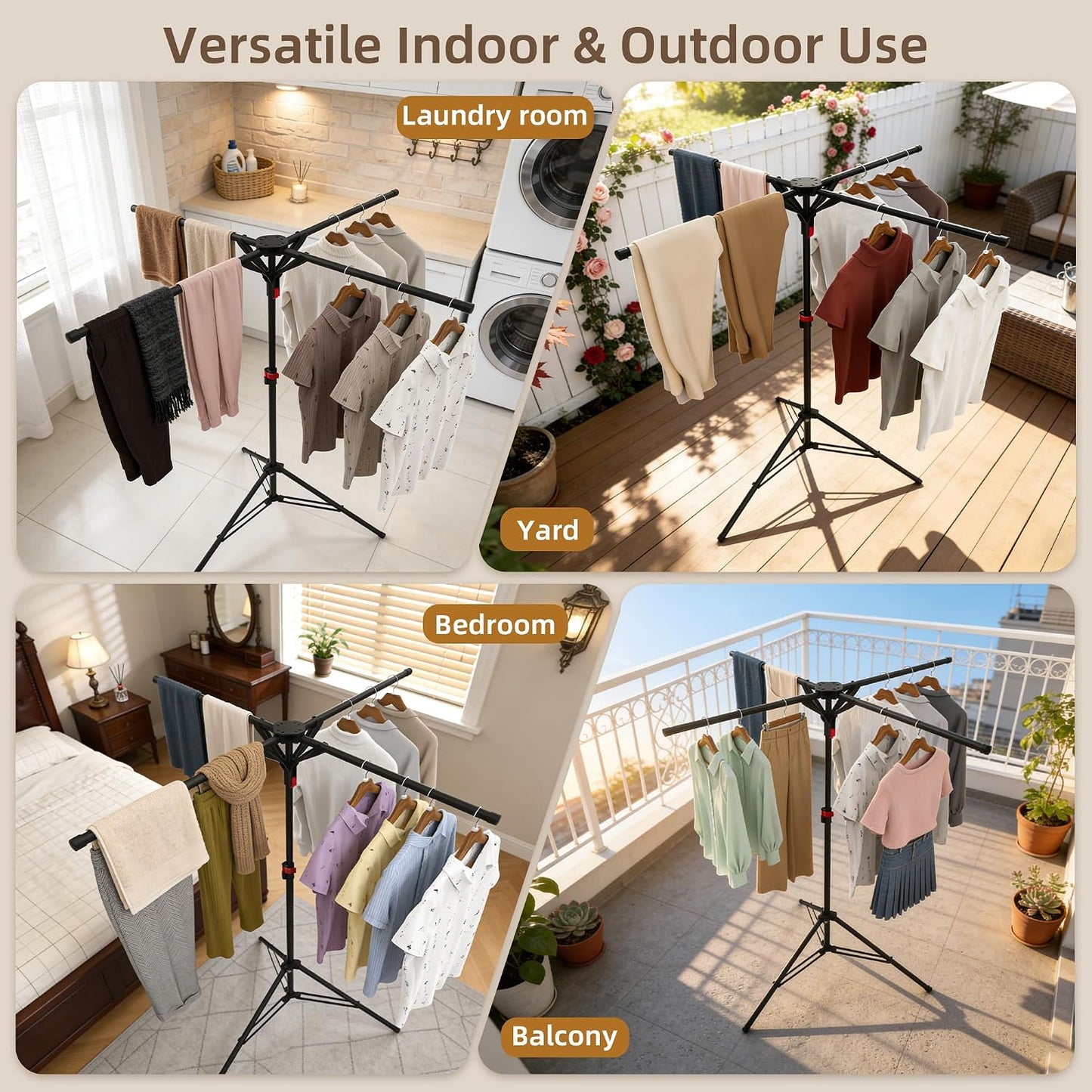 Clothes Drying Rack Foldable, Laundry Drying Rack Collapsible Space-Saving Tripod Clothing Drying Stand for Indoor/Outdoor with Folding Button, Height Adjustable