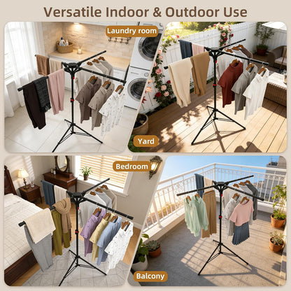 Clothes Drying Rack Foldable, Laundry Drying Rack Collapsible Space-Saving Tripod Clothing Drying Stand for Indoor/Outdoor with Folding Button, Height Adjustable