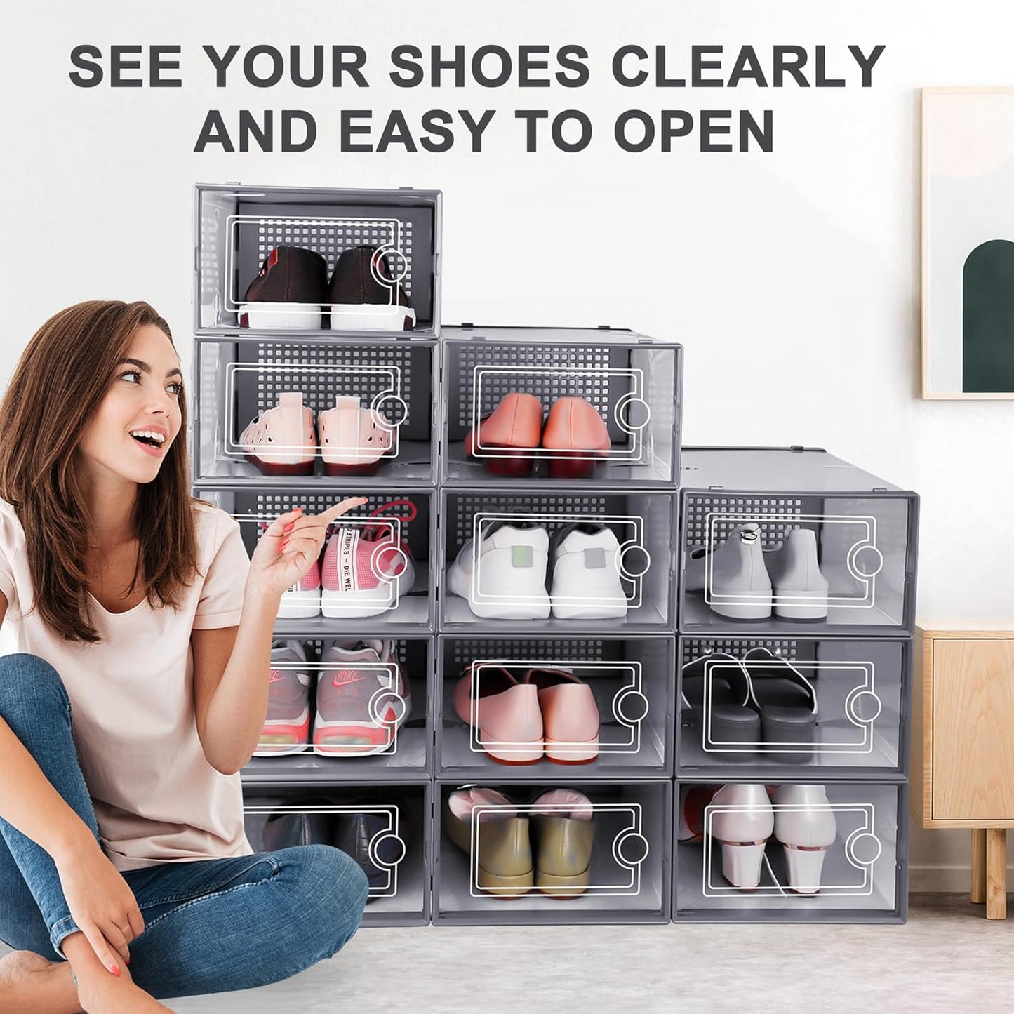 Kuject 12 Pack Large Shoe Boxes, Clear Stackable Containers with Lids,Black | Shoe organizers for closet & entryway, under-bed,Drop-front design fits women's size 10