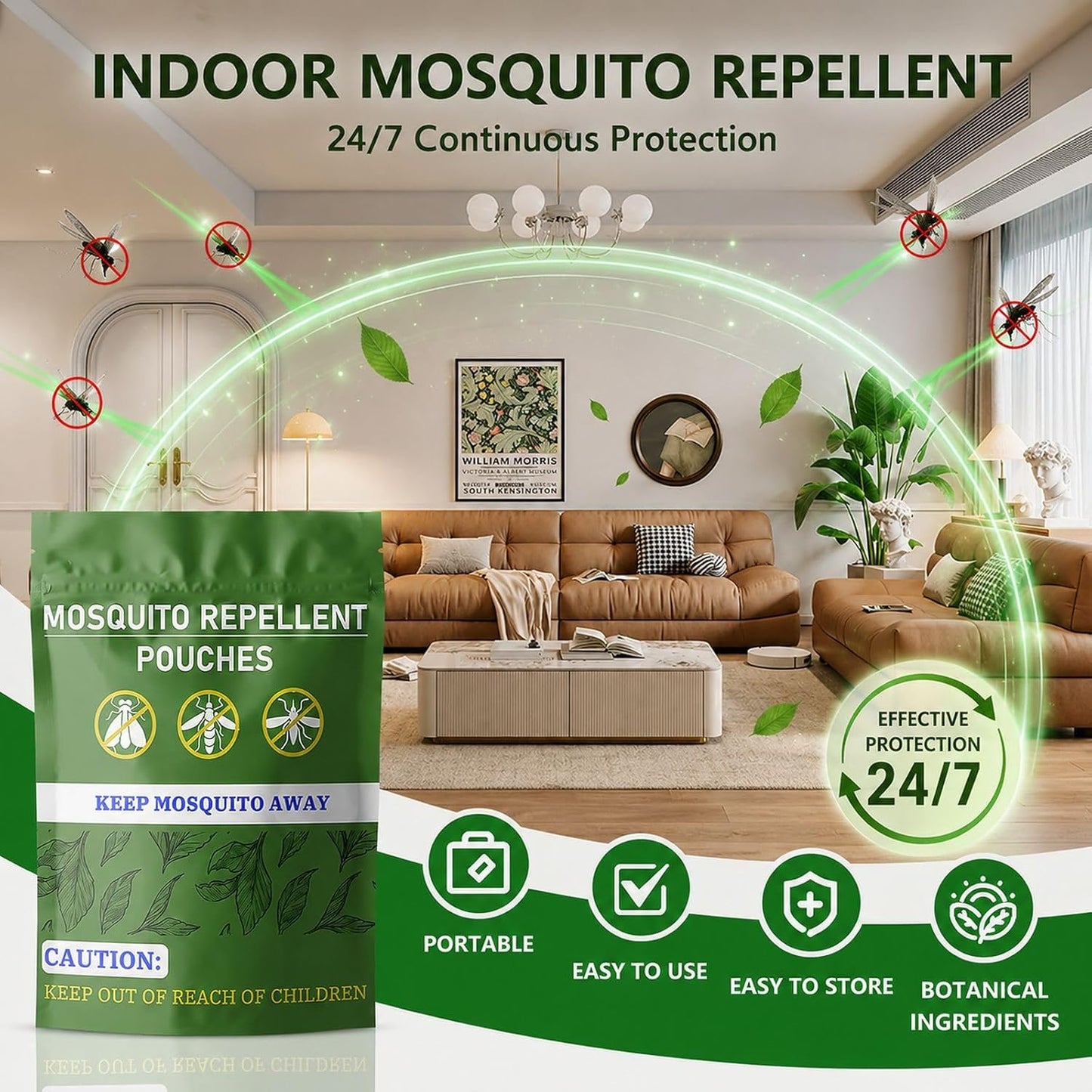 Mosquito Repellent Pouches Indoor Home Outdoor Patio, 60 Days Long-Lasting, Mosquito Repellent Bags for Yard, Garage, Bedroom, Fresh Mint Scent, Non Toxic, Kid & Pet Safe, Covers 120 sq ft, 10 Pack