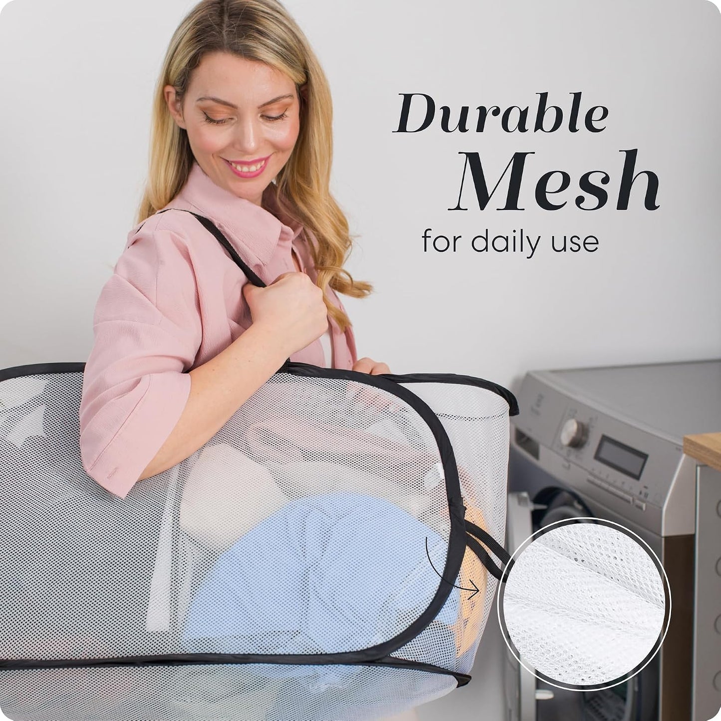 Handy Laundry Collapsible Laundry Basket, 3-Compartment Mesh Laundry Sorter, Foldable Pop Up Hamper with Handles, Space-Saving Durable Organizer for Dorm, Bedroom, Travel, White