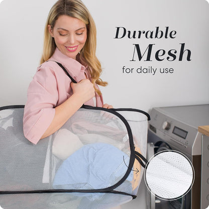 Handy Laundry Collapsible Laundry Basket, 3-Compartment Mesh Laundry Sorter, Foldable Pop Up Hamper with Handles, Space-Saving Durable Organizer for Dorm, Bedroom, Travel, White