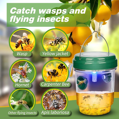 Wasp Traps Outdoor Hanging, Solar Bee Trap 4 Packs, 2026 Upgrade Wasp Deterrent Killer, Carpenter bee Catcher for Outside, Flying Insect Traps Reusable Yellow Jacket Hornet Catchers with LED Light