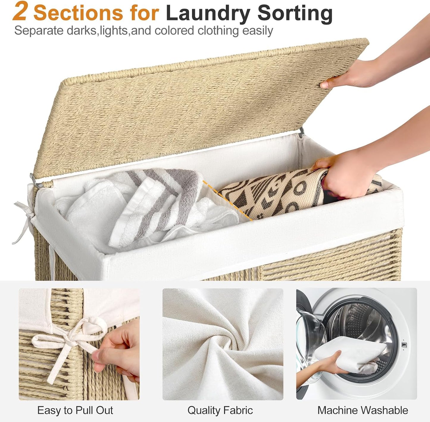 WOWLIVE Double Laundry Hamper with Lid, Handwoven Rolling Laundry Basket with Wheels, 115L Dirty Clothes Hamper with Removable Liner Bag Large Capacity Laundry Sorter Laundry Room Organization,Natural