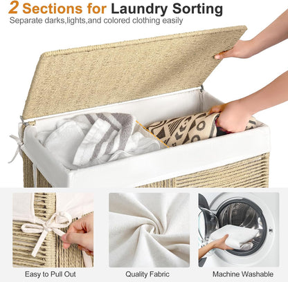 WOWLIVE Double Laundry Hamper with Lid, Handwoven Rolling Laundry Basket with Wheels, 115L Dirty Clothes Hamper with Removable Liner Bag Large Capacity Laundry Sorter Laundry Room Organization,Natural