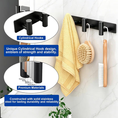 Matte Black Coat Rack Wall Mount - 6 Hooks, Heavy Duty Stainless Steel Wall Hooks for Towels, Coats, Robes, Bags, Hats, Keys, Wall Coat Hanger for Bathroom, Entryway, Kitchen, Hotel, Bedroom, Office