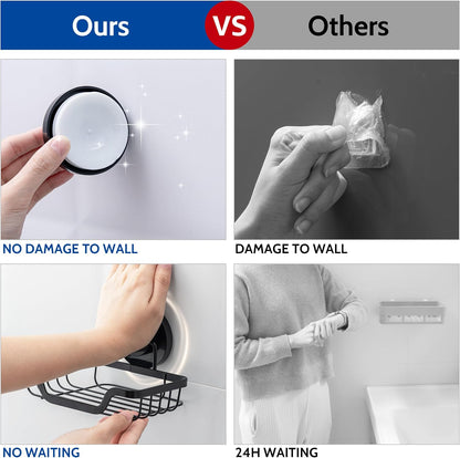 Soap Dish, Soap Bar Holder for Shower Suction Cup with 4 Hooks Wall Mounted, Stainless Steel No-Drilling Removable Waterproof Sponge Holder for Bathroom Bathtub Kitchen Sink, Black