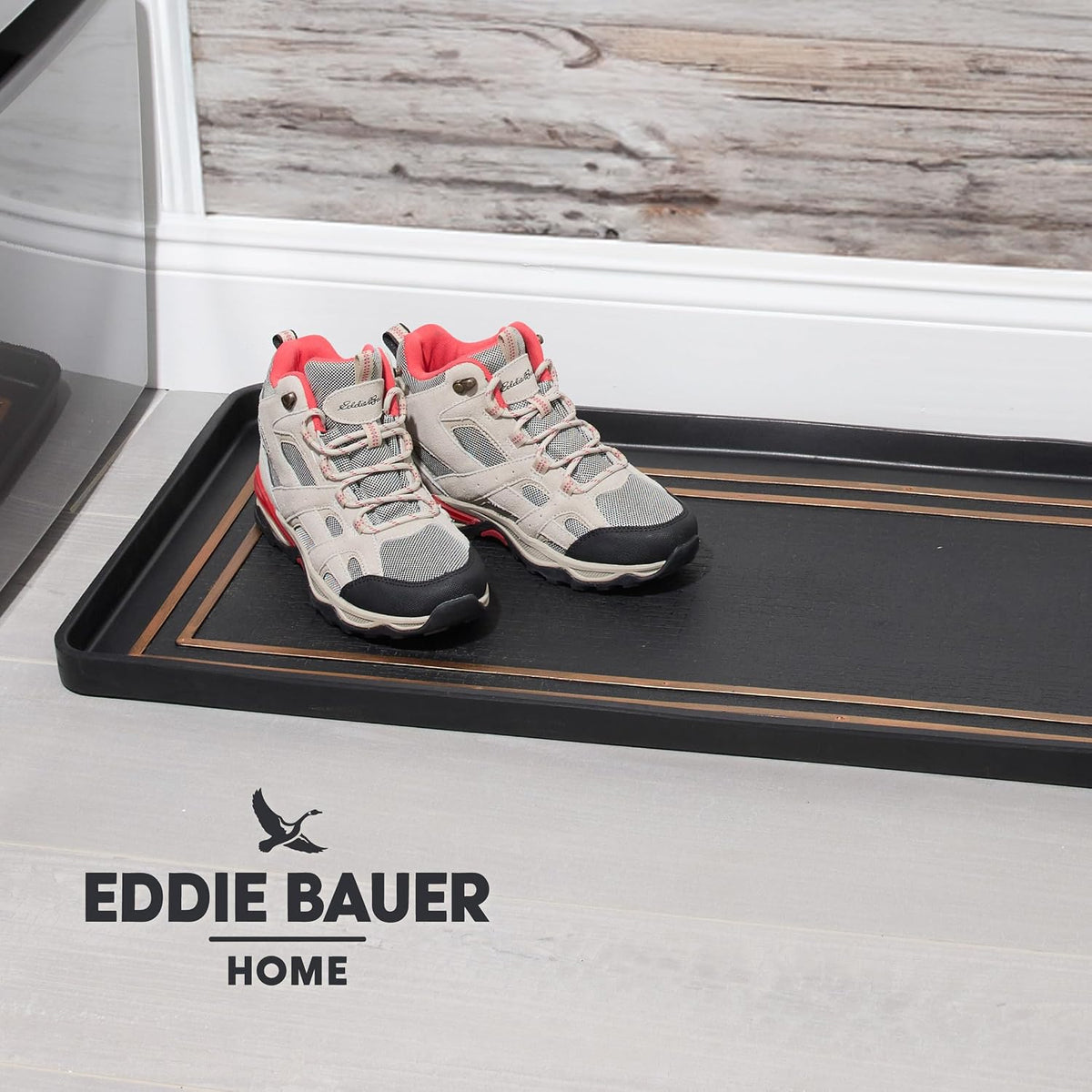 Eddie Bauer Rubber Boot Tray – Lake Waves Design, 16"x32", Black – Waterproof Entryway Boot Mat