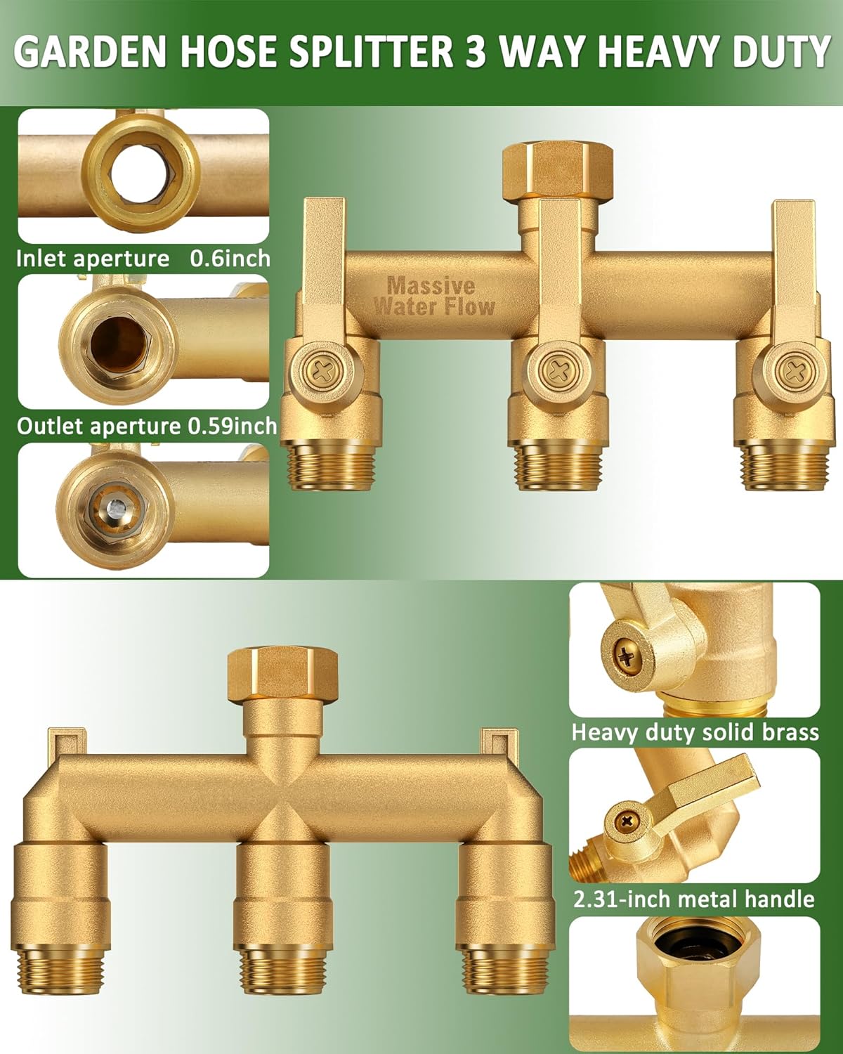 Hose Splitter 2 Way Heavy Duty, Solid Brass Full Flow Outdoor Faucet and Garden Hose Splitters, Water Spigot Splitter T Adapter, All Metal Water Connector with Shut-Off Valve, 3/4 - Inch GHT Thread