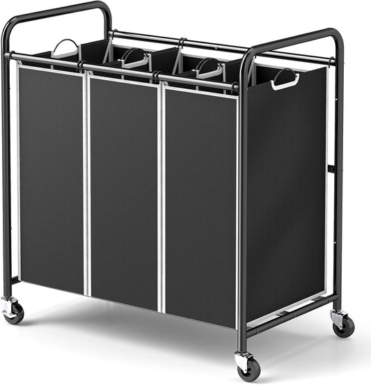 ROMOON Laundry Sorter Hamper 3 Section, Divided Laundry Basket Organizer with Heavy Duty Lockable Wheels and Removable Bags, Rolling Clothes Hamper for Apartment, Dorm & Family (135L Multicolor)