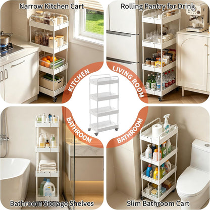 HOTEAGLE Three Tier Rolling Cart, Adjustable Width & High Adaptability | Metal Utility Storage Carts with Wheels, Ideal Storage Organizer for Livingroom, Kitchen and Bathroom