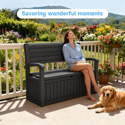 80 Gallon Outdoor Storage Bench, Heavy Duty Deck Box with Stripe Texture, Waterproof Resin Patio Seating for Cushions & Garden Tools, Lockable, 2-Person Capacity, 51"x 24"x 35", Black