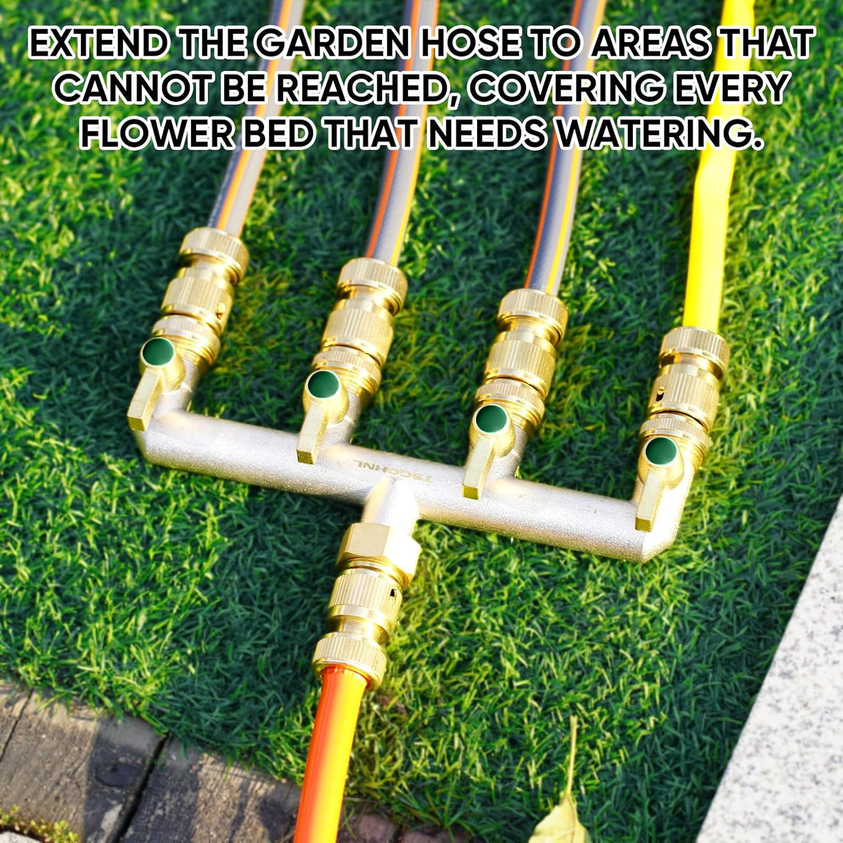 Heavy Duty Brass Garden Hose Splitter, 2-Way Faucet Splitter with 2 Extended Metal Handles, Outdoor Hose Splitter, GHT 3/4-Inch Heavy Duty Hex Female Inlet and 3/4-Inch Male Outlet, Nickel Plated