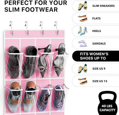 Simple Houseware 24 Pockets - Crystal Clear Over The Door Hanging Shoe Organizer, Gray (64'' x 19'')