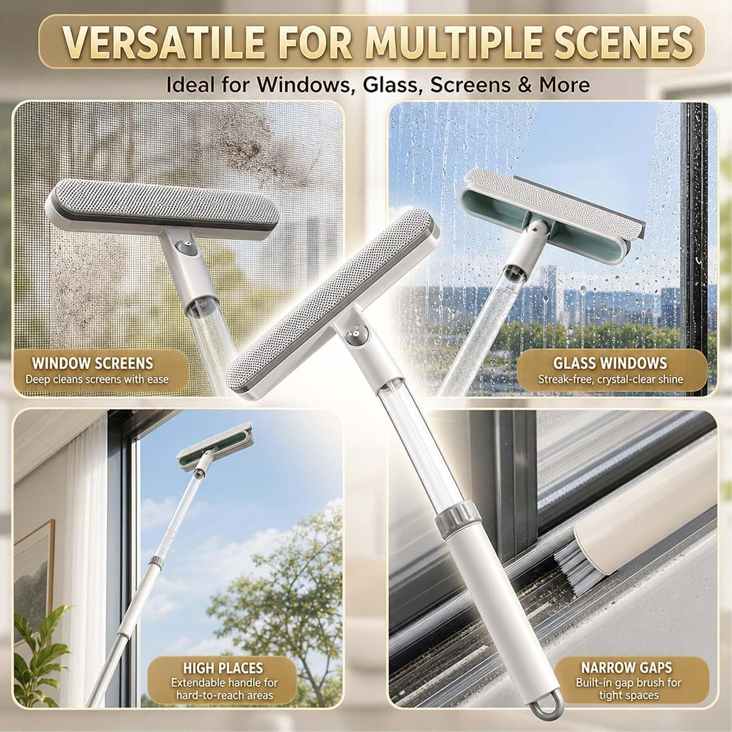 3-in-1 Double-Sided Window Screen Cleaning Brush - Sided Window Glass Cleaner,Built-in Crevice Brush, Multifunctional for Home, Office & Car Screens