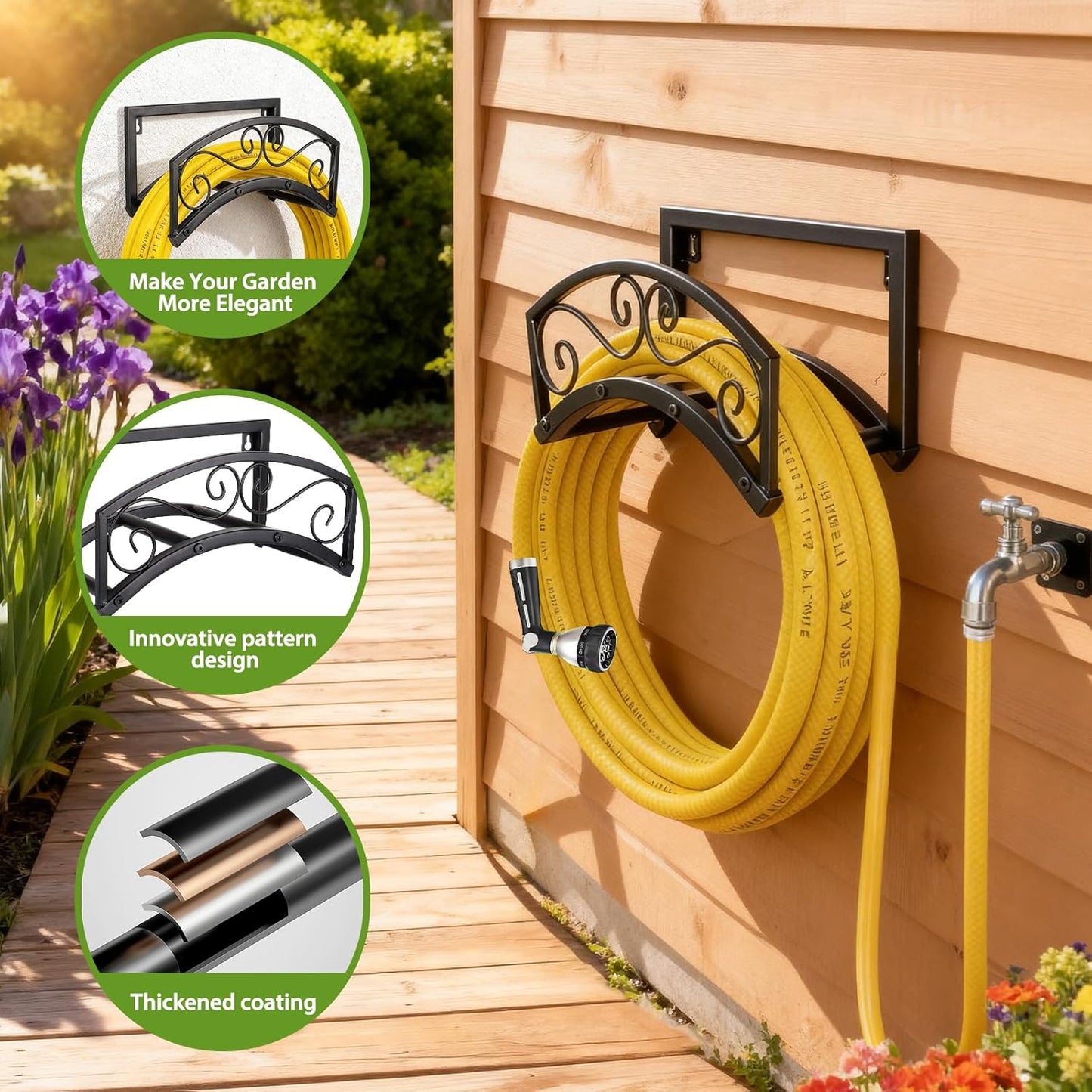 BOLITE Garden Hose Holder Wall Mount, Heavy Duty Metal Water Hose Holder with Basket for Outside, Hose Storage Holds 150FT Water Pipe for Yard, Lawn, Garden, Farm, Gifts for Women Men