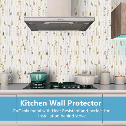 Vamos Peel and Stick Backsplash Seamless Tile for Kitchen and Bathroom,White and Beige Slate PVC Mixed Light Gold Self Adhesive Fish Scale Metal Mosaic Tiles (10 Sheets)