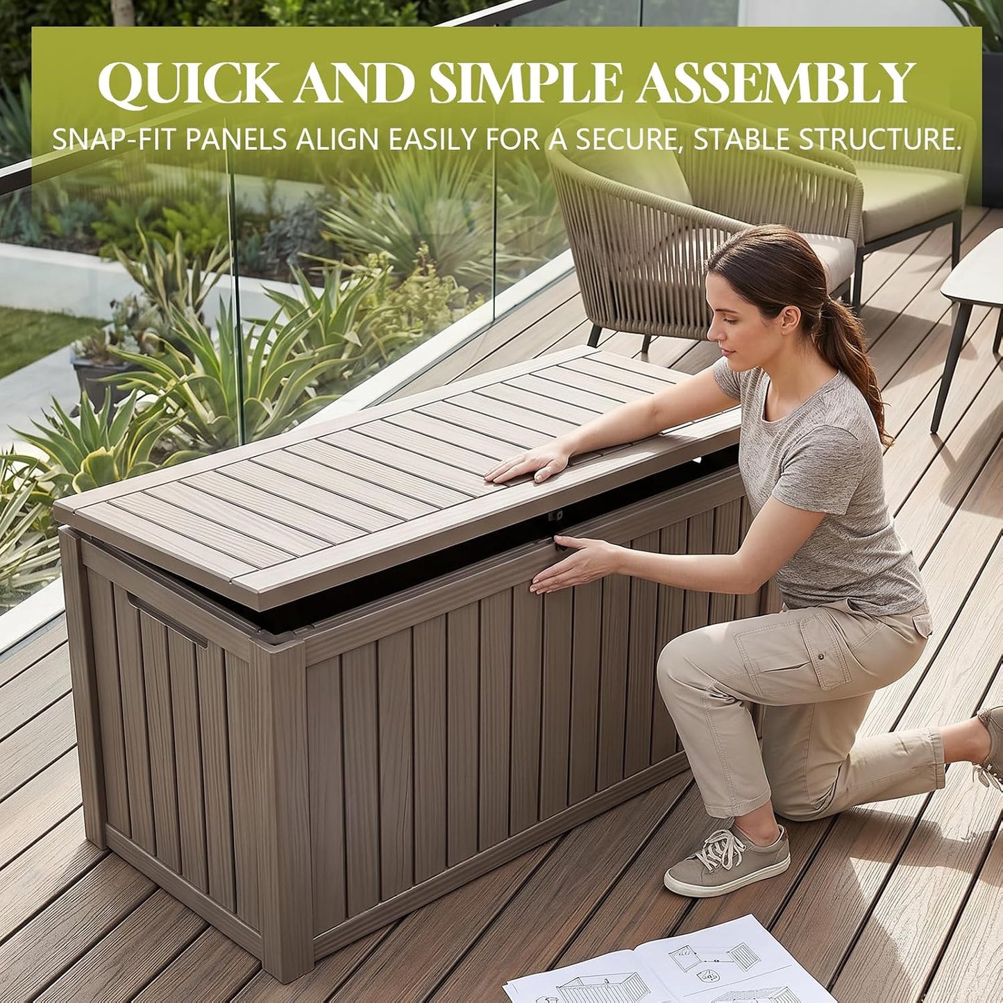 Waterproof Outdoor Storage Box Outside Deck Box Lockable Resin Bench UV Resistant Furniture Cushion Pool Tool Float Bin Patio Garden Porch (Black, 120 Gallon)