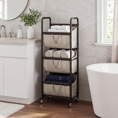 GRANNY SAYS 3 Section Tiered Laundry Sorter, Slim Vertical Laundry Hamper with Wheels, Narrow Rolling Laundry Cart with Removable Bags for Laundry Room, Bathroom, Closet, Dorm, Beige