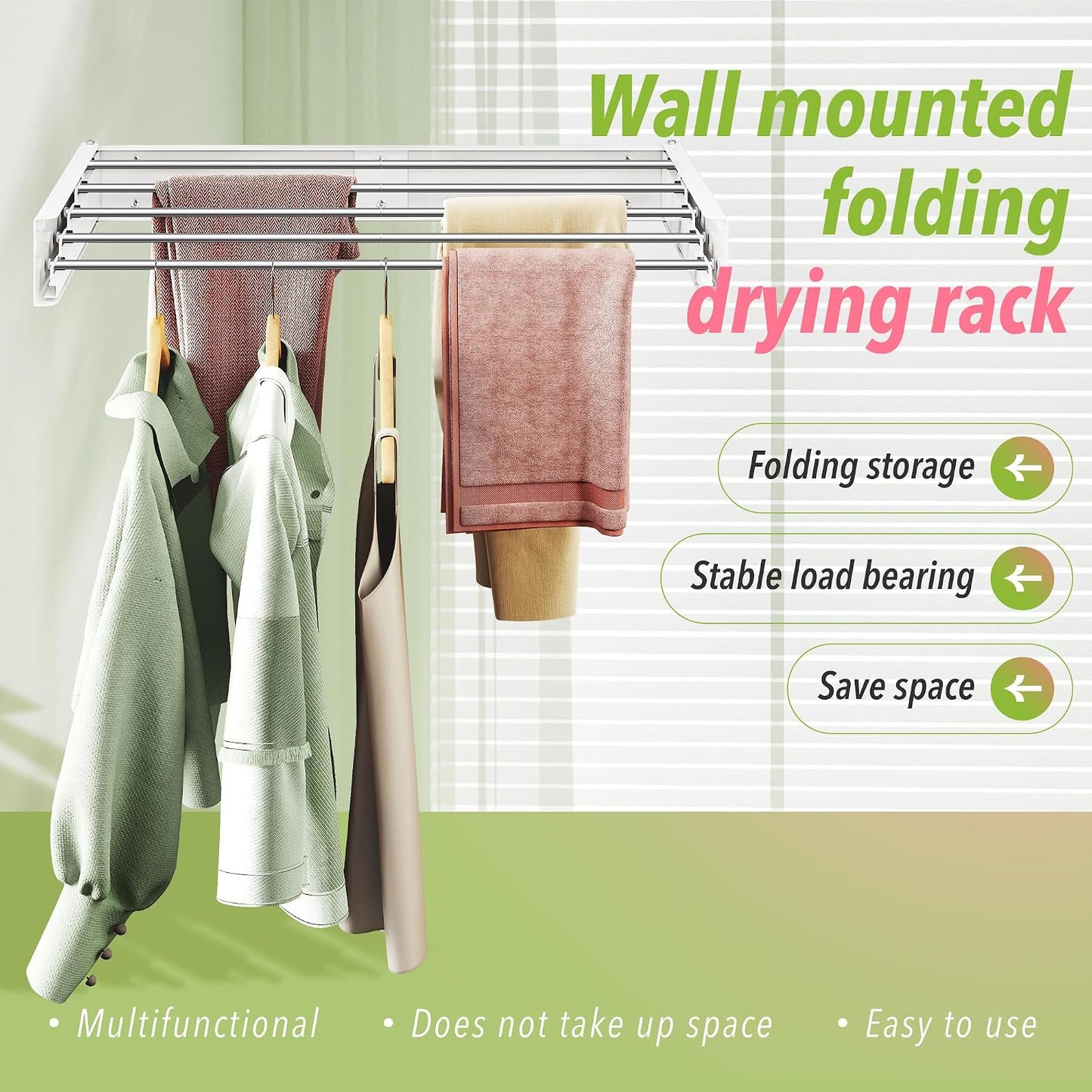 ZdwCyl Wall Mounted Drying Rack,32 inches,Foldbale, Clothes Drying Rack,Laundry Drying Rack Wall Mount,Drying Rack Clothing Space Saver,Retractable,Collapsible,Folding Laundry Rack,White