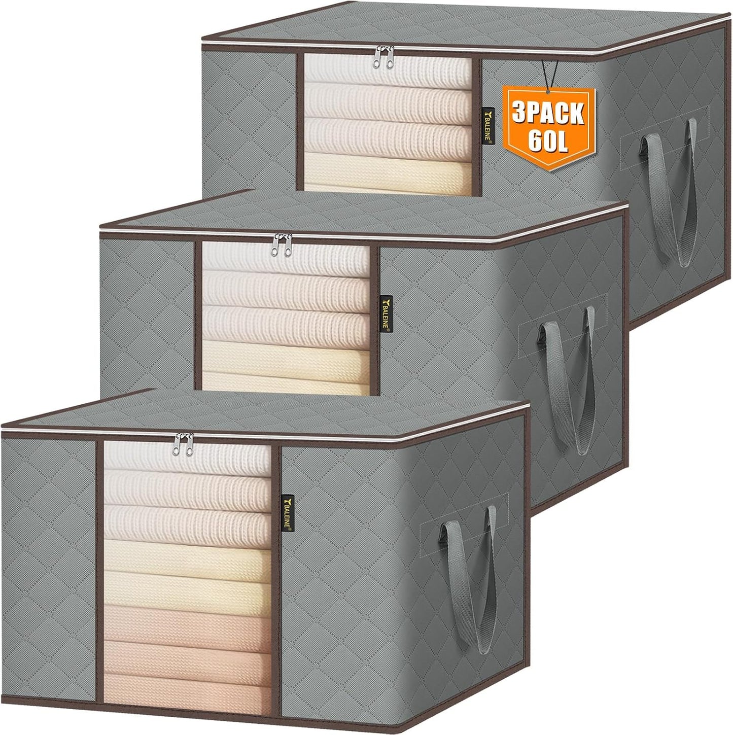 BALEINE 2 Pack Clothes Storage Bags, 16 Gallon Storage Containers with Reinforced Handle, Sturdy Zipper, Closet Organizer for Blanket, Comforter, Pillow, Bedding (Grey, 2 Pack)