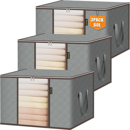 BALEINE 2 Pack Clothes Storage Bags, 16 Gallon Storage Containers with Reinforced Handle, Sturdy Zipper, Closet Organizer for Blanket, Comforter, Pillow, Bedding (Grey, 2 Pack)