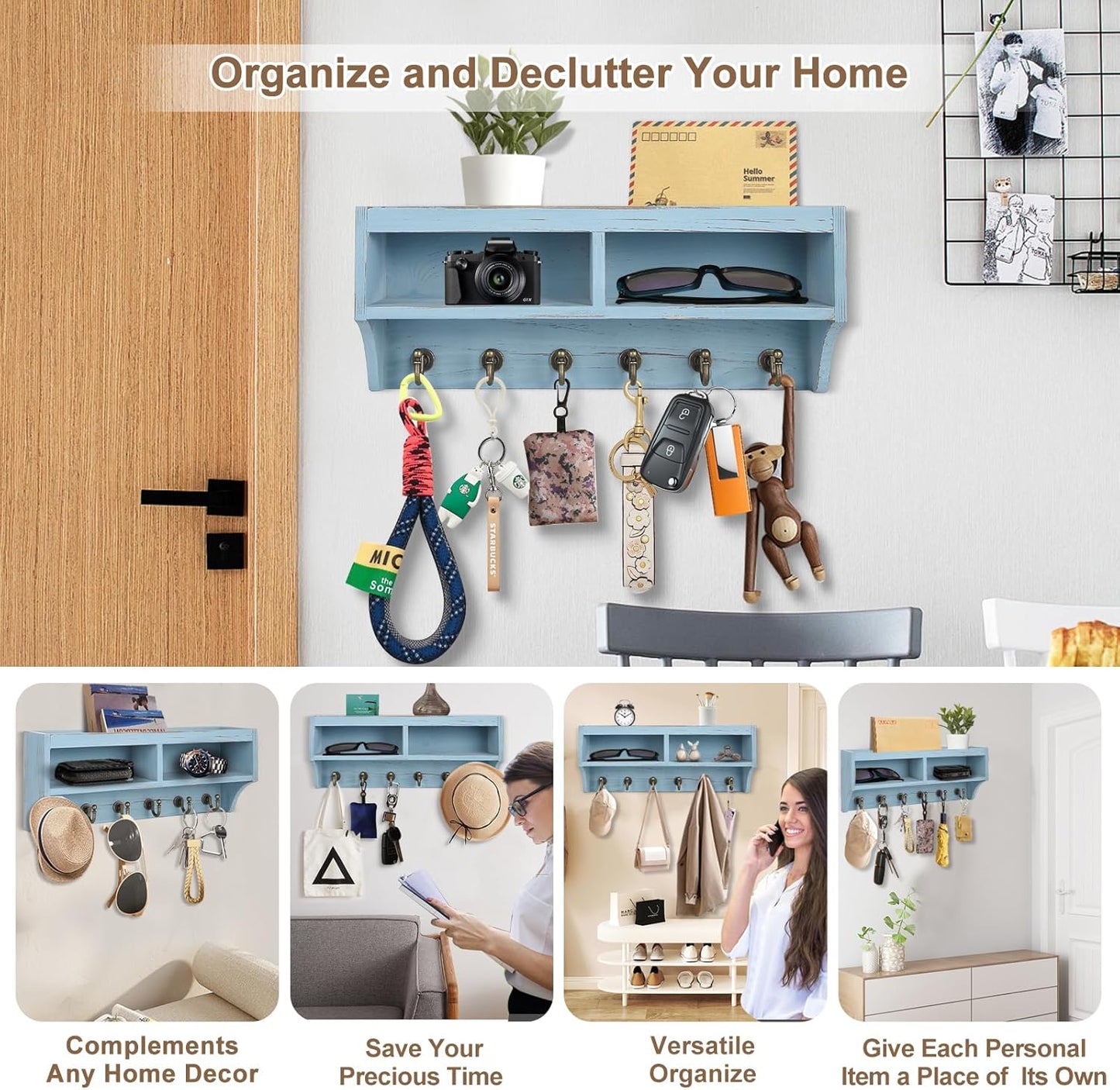 Key Holder Wall Mount - Mail Organizer Wall Mount with 6 Key Hooks and Storage Box for Sunglasses Storage and Dog Leash Holder Home Decor Rack Apartment Farmhouse Shelf Entryway Organizer (Black)