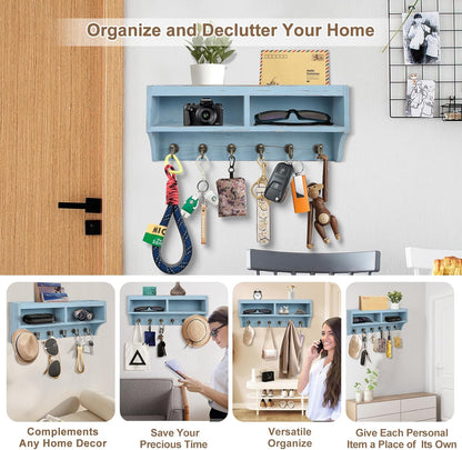 Key Holder Wall Mount - Mail Organizer Wall Mount with 6 Key Hooks and Storage Box for Sunglasses Storage and Dog Leash Holder Home Decor Rack Apartment Farmhouse Shelf Entryway Organizer (Black)