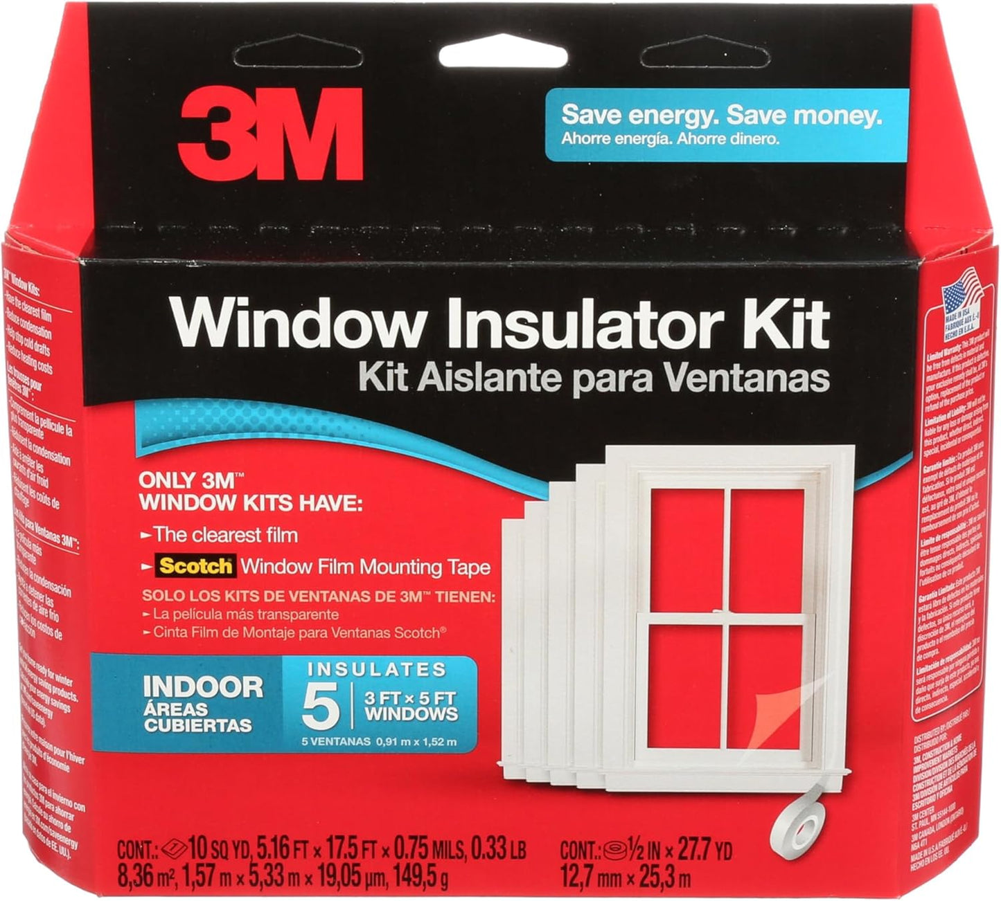 3M Indoor Window Insulation, Insulator Kit for 3 Windows 3ft x 5ft, Keeps Cold Air Out and Warm Air In, Includes Heat Shrink Window Film and Scotch Window Film Mounting Tape (2130W-6)