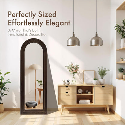 Hand-Made Wooden Spliced Full-Length Mirror with Stand, Rustic Farmhouse Mirror, Solid Wood Frame, Vertical Hanging, Leaning Standing for Bedroom, Living Room (Brown, 65" x 24", Arched)