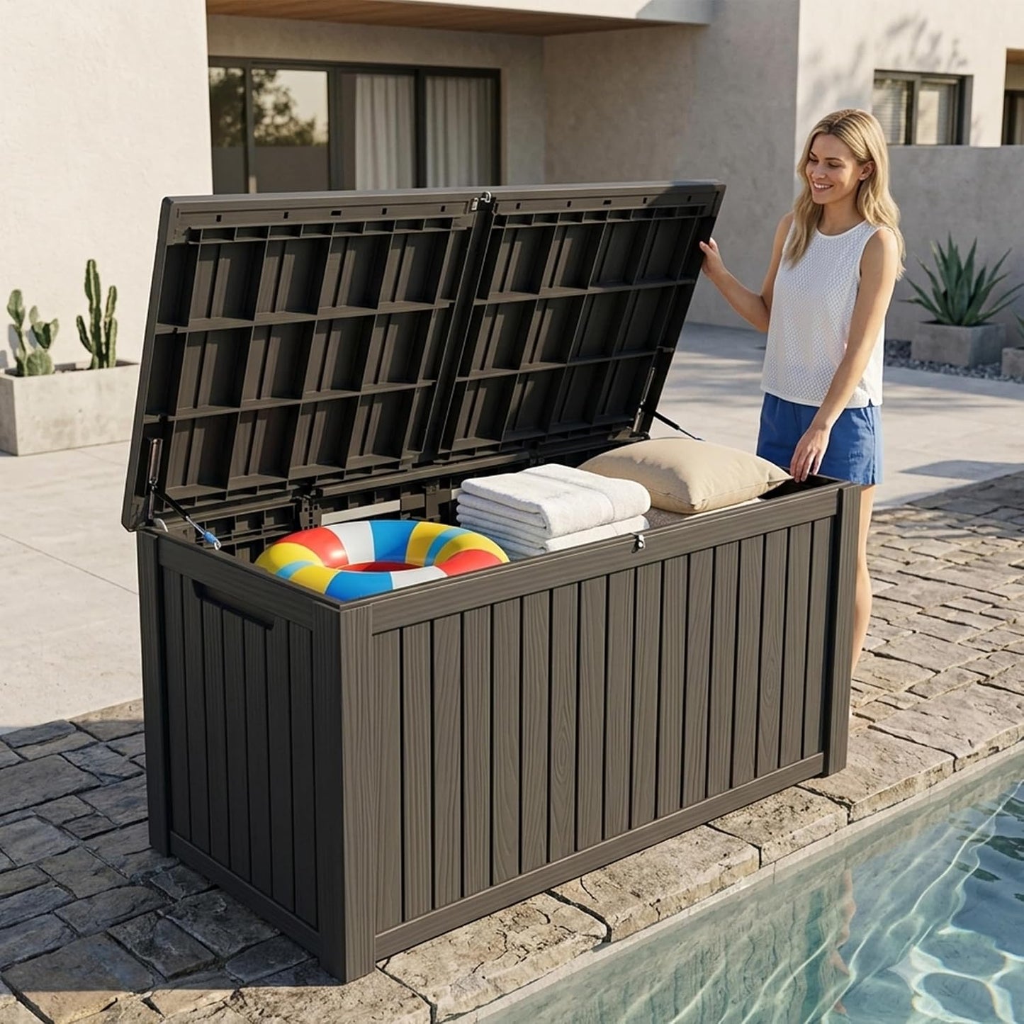 Outdoor Storage Box, 320 Gallon Waterproof Deck Box [Upgraded 3.0], Dual Gas-Spring Ultimate Resin Organizer for King Cushions, Heavy-Duty Lockable Estate Storage Bench, Backyard BBQ, Black