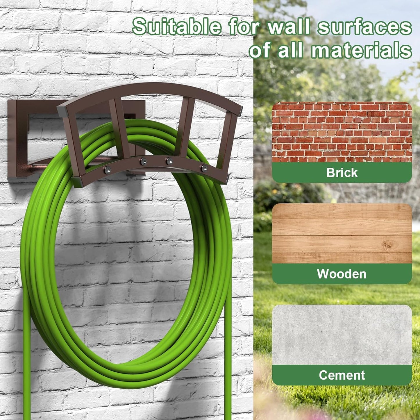 OLV Garden Hose Holder Wall Mounted, Outdoor Heavy Duty Metal Water Hose Holder Hanger Holds 125-ft Water Pipe, Sturdy Detachable Hose Storage Organizer Reel Rack for Outside Garden Lawn Yard Farm