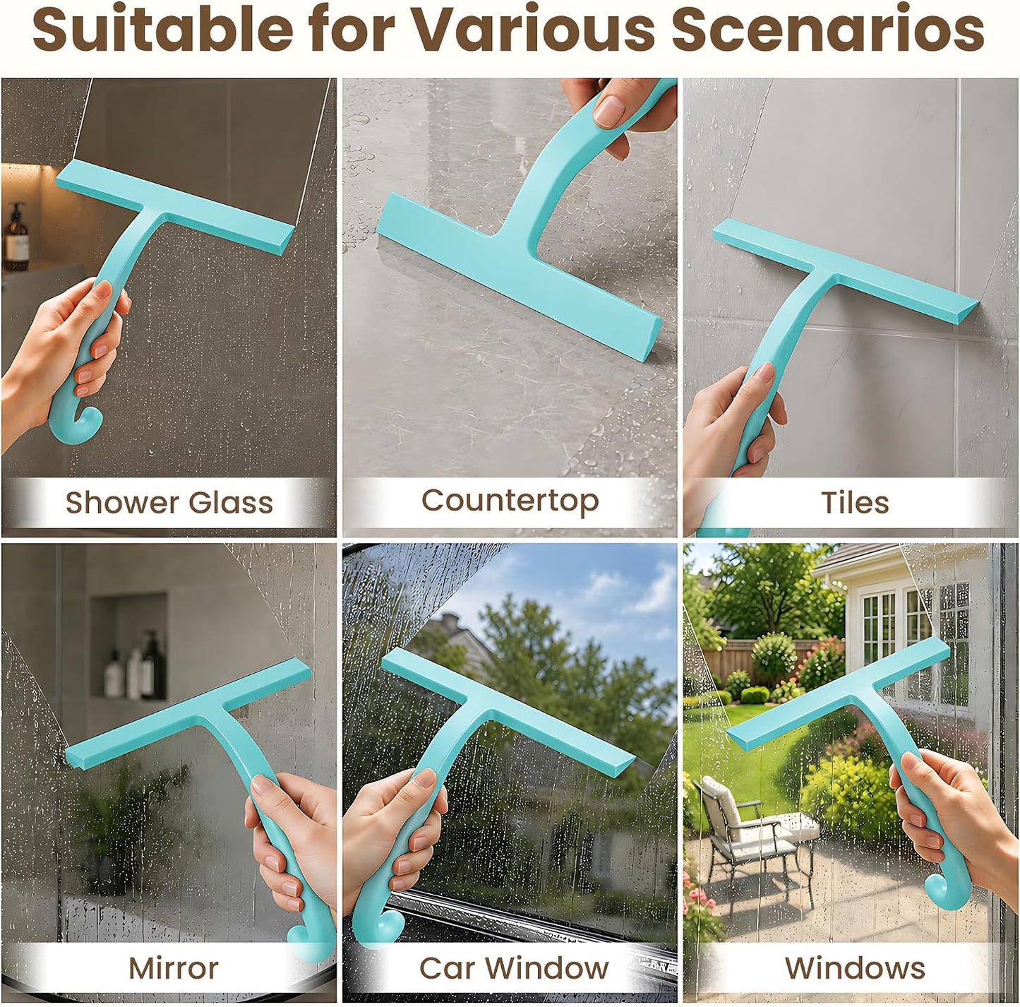 Shower Squeegee for Glass Doors - 10 Inch Bathroom Squeegee with Ergonomic Round Grip, Built-in Hook, Streak-Free No-Squeak Silicone Blade for Shower Glass, Tile Walls, Mirrors & Windows, Black