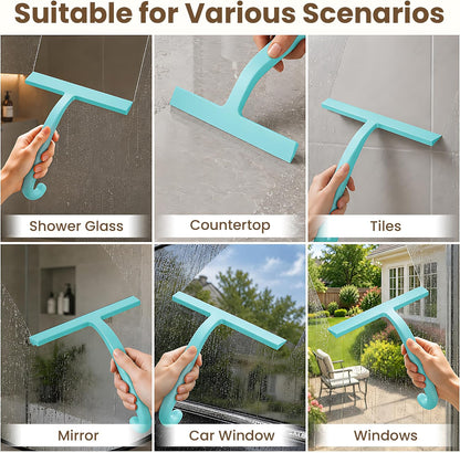 Shower Squeegee for Glass Doors - 10 Inch Bathroom Squeegee with Ergonomic Round Grip, Built-in Hook, Streak-Free No-Squeak Silicone Blade for Shower Glass, Tile Walls, Mirrors & Windows, Black