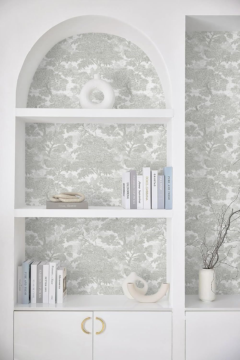 Safiyya Peel and Stick Wallpaper Beige Forest Contact Paper 17.3" x 118" Vintage Tree Wall Paper Renter Friendly Self Adhesive Removable Wallpaper for Bathroom Vinyl Off-White