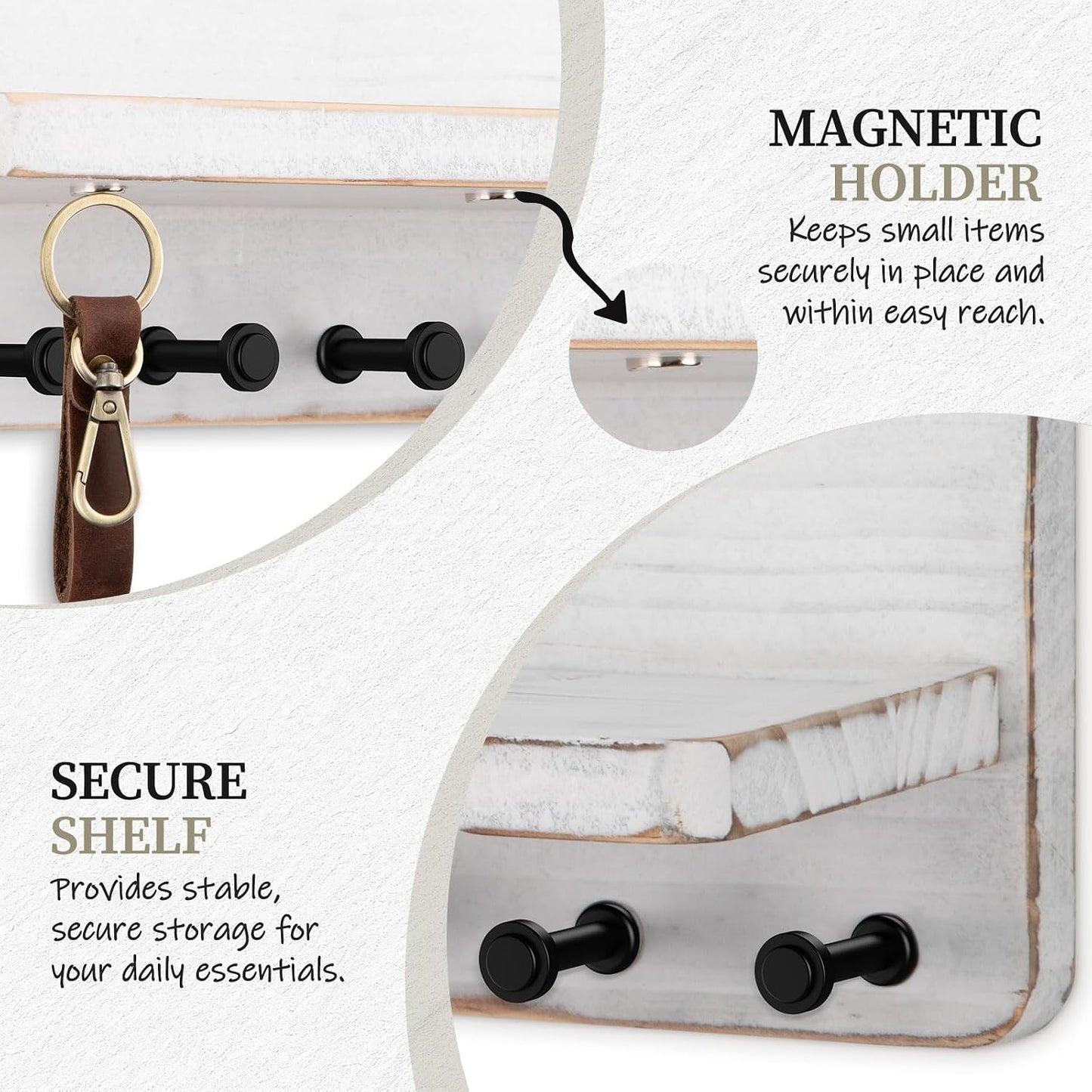 Nekon Key Holder for Wall with Shelf, Pine Wooden Key Hanger Wall Mounted, Farmhouse Wall Organizer for Home Entryway & Apartment (Standard, Wood)