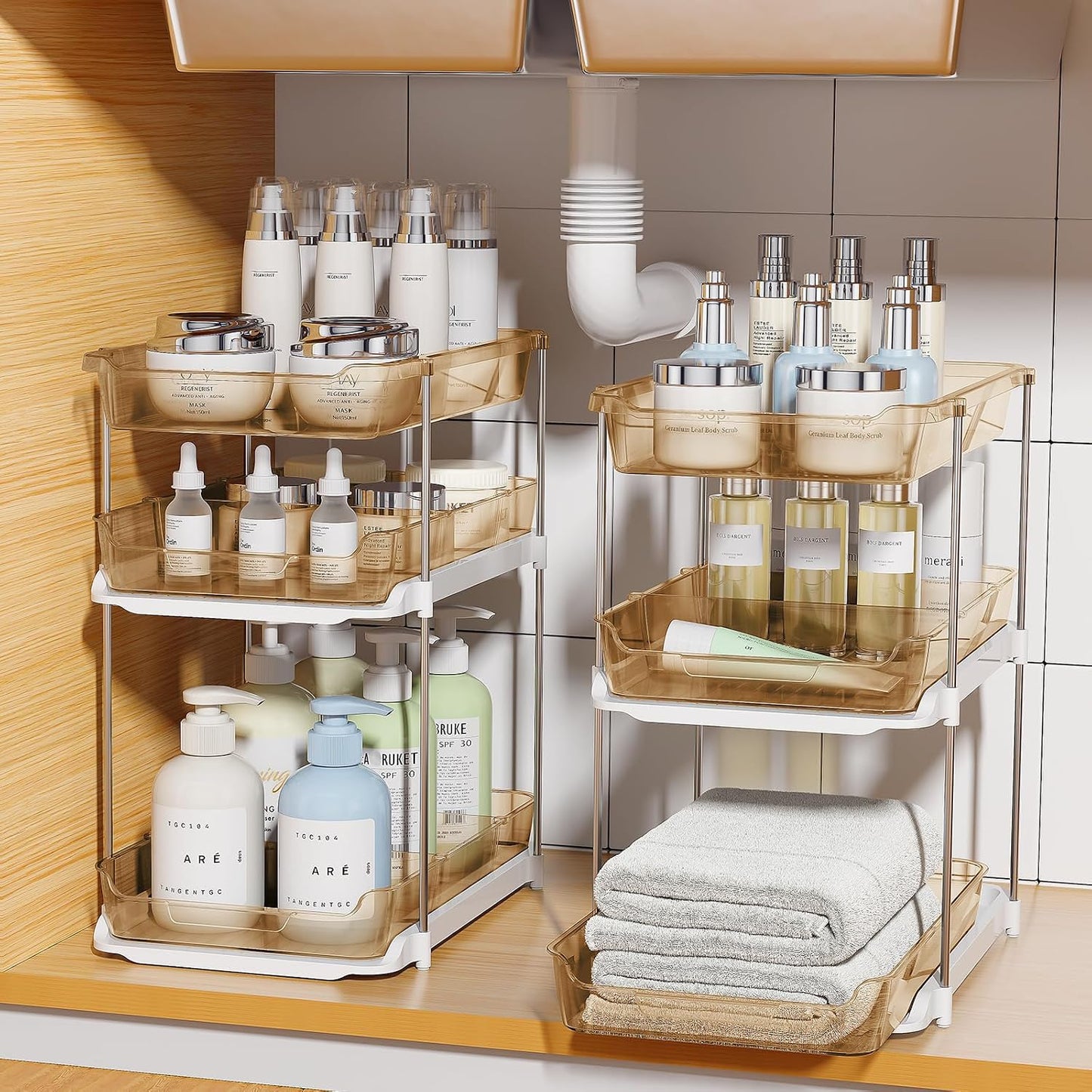 Delamu 2 Sets of 3-Tier Bathroom Under Sink Organizers and Storage, Multi-Purpose Stackable Pantry Organization and Storage, Pull Out Clear Kitchen Bathroom Cabinet Organizer with Movable Dividers | Storage