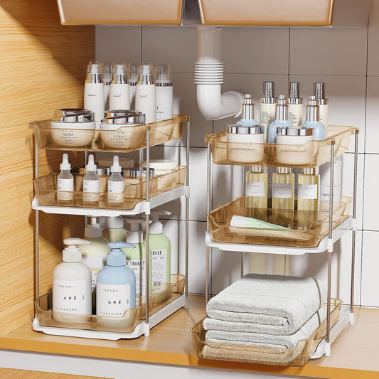 Delamu 2 Sets of 3-Tier Bathroom Under Sink Organizers and Storage, Multi-Purpose Stackable Pantry Organization and Storage, Pull Out Clear Kitchen Bathroom Cabinet Organizer with Movable Dividers | Storage