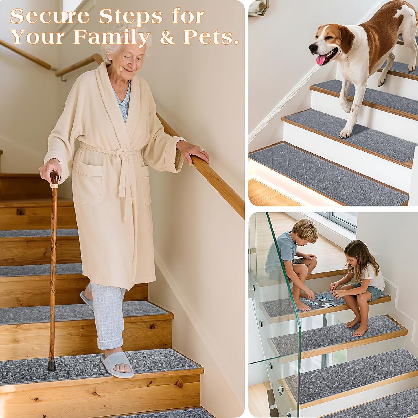 Stair Treads for Wooden Steps 15 PCS - 8’’ x 30’’, Non Slip Stair Runner, Machine Washable Stair Rugs Strips for Kids Pets and Elderly, Indoor Carpet for Stairs (Grey)